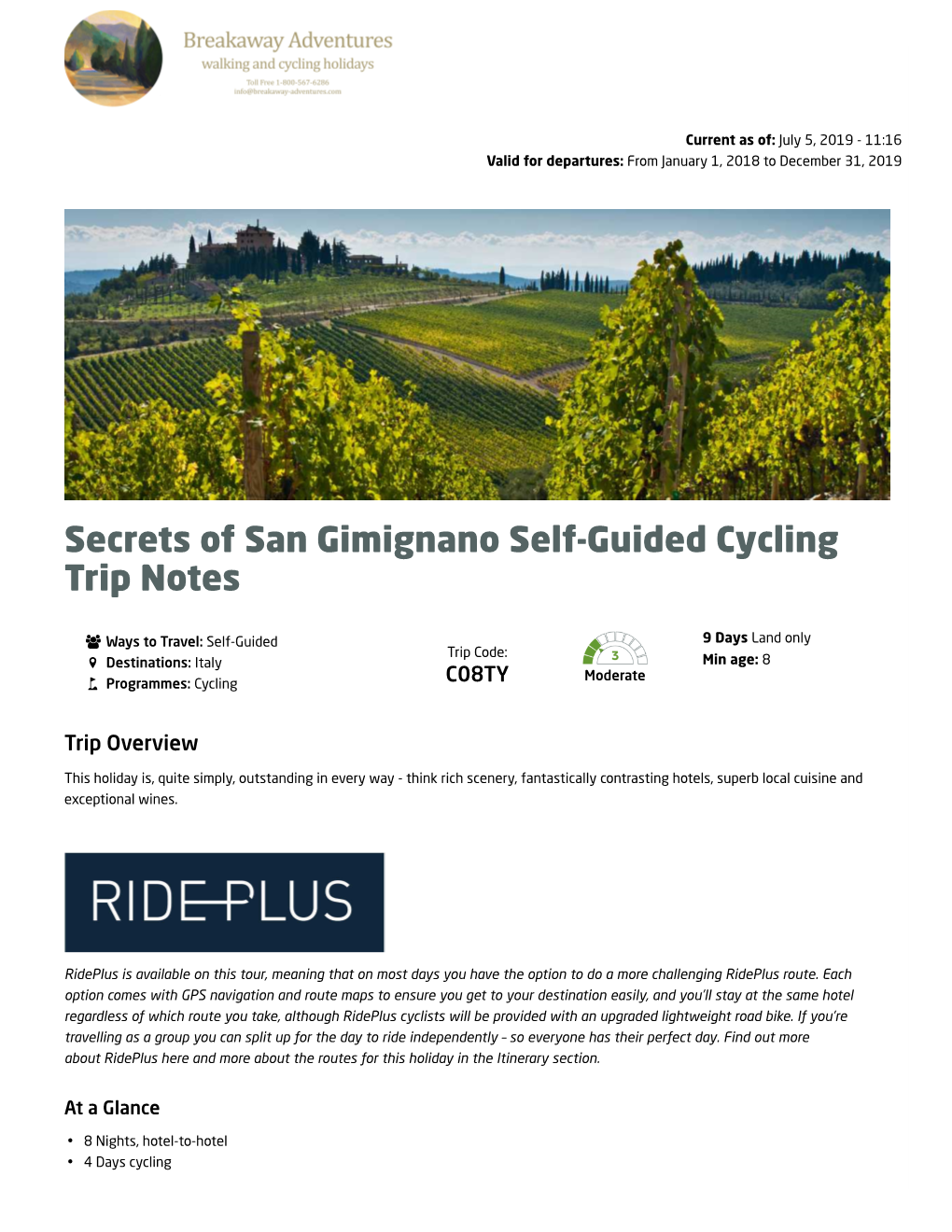 Secrets of San Gimignano Self-Guided Cycling Trip Notes
