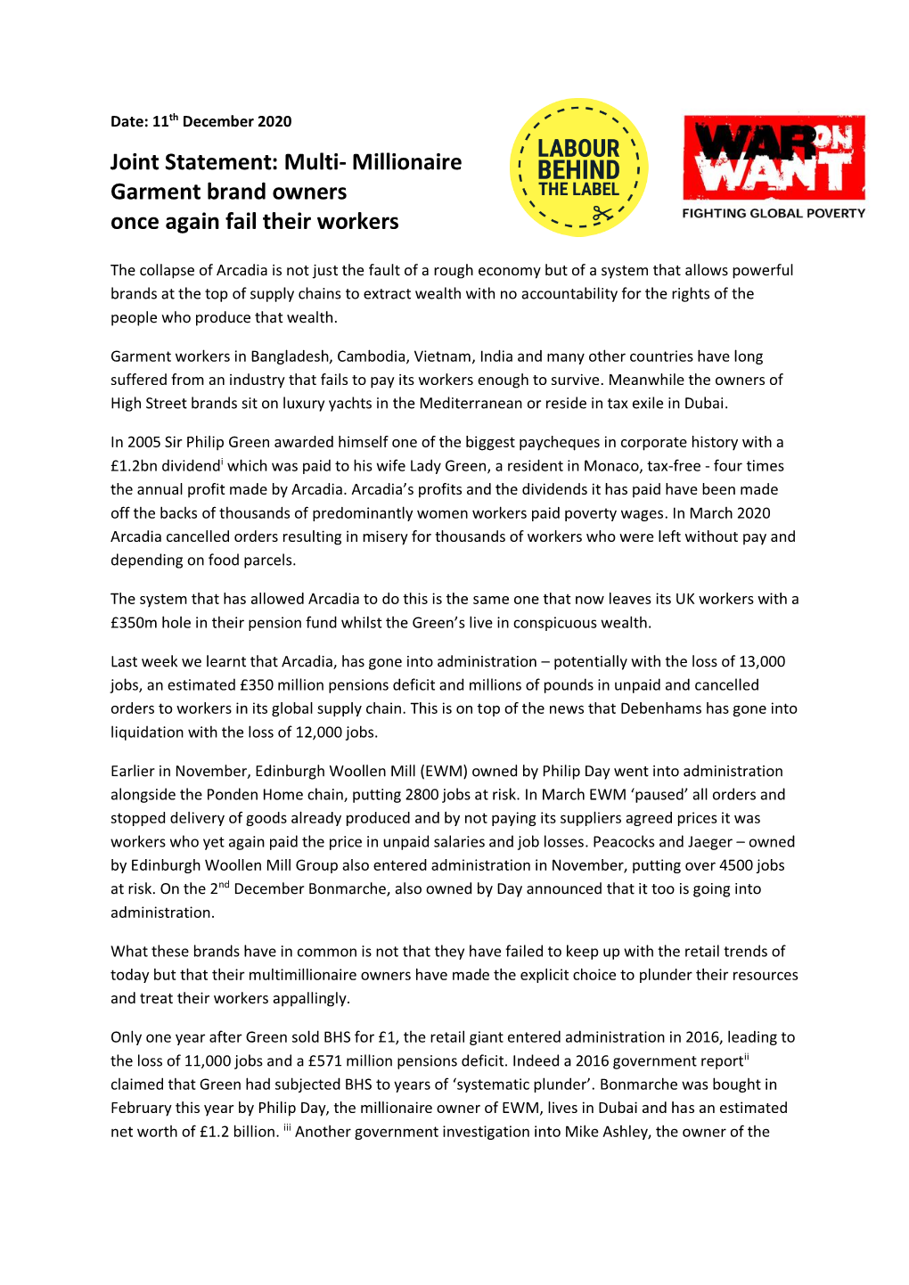 Joint Statement: Multi- Millionaire Garment Brand Owners Once Again Fail Their Workers