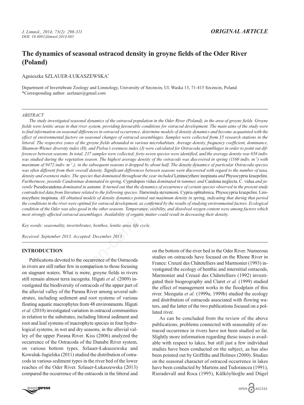 The Dynamics of Seasonal Ostracod Density in Groyne Fields of the Oder River (Poland)