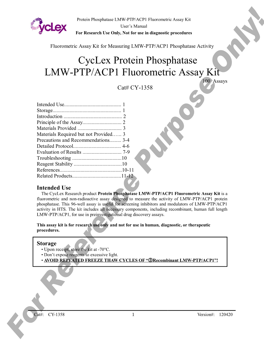 For Reference Purpose Only! Protein Phosphatase LMW-PTP/ACP1 Fluorometric Assay Kit User’S Manual for Research Use Only, Not for Use in Diagnostic Procedures