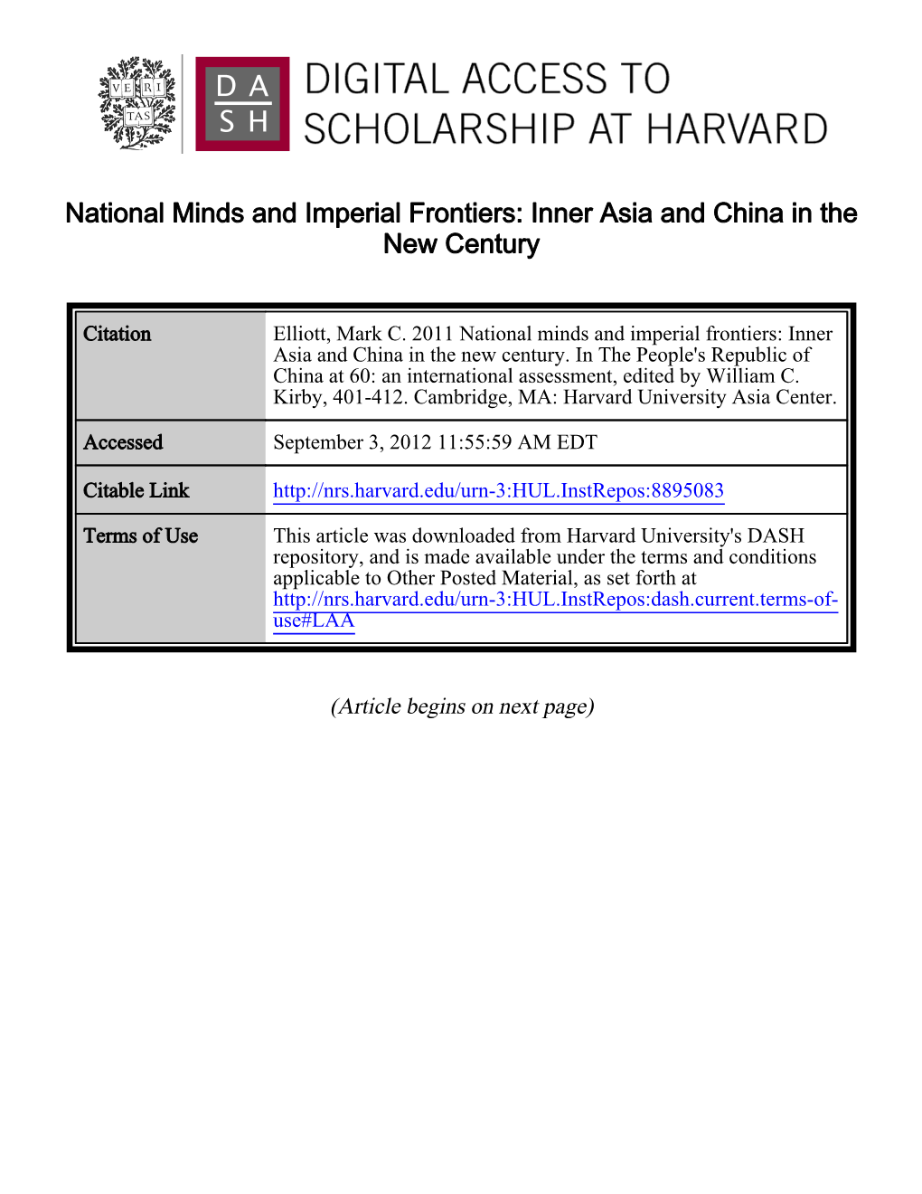 National Minds and Imperial Frontiers: Inner Asia and China in the New Century