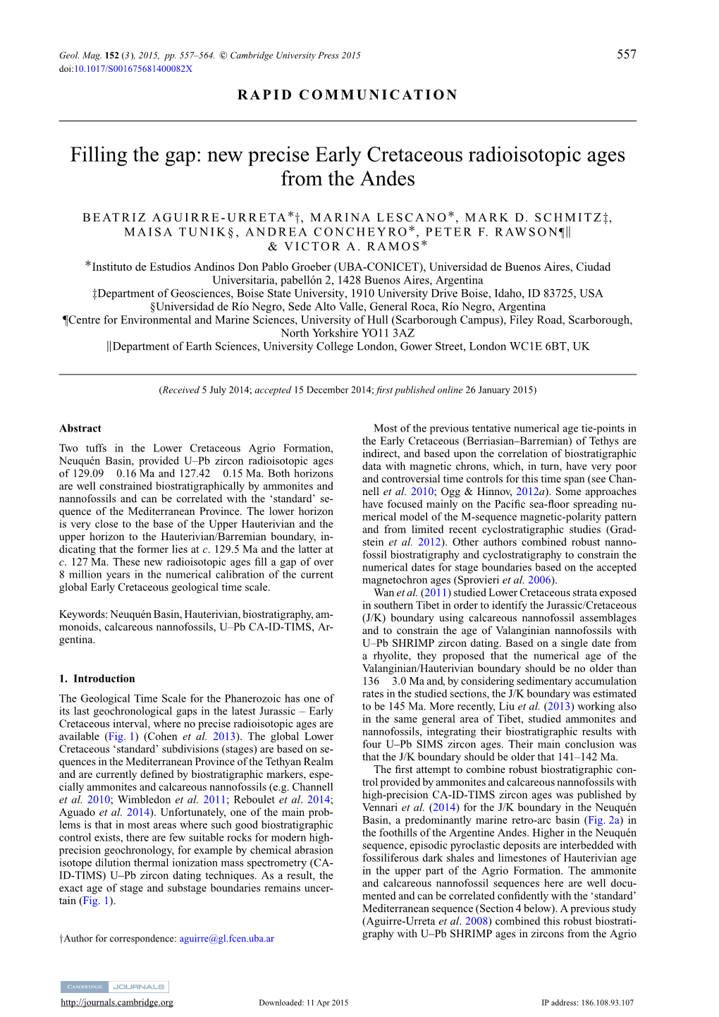 New Precise Early Cretaceous Radioisotopic Ages from the Andes