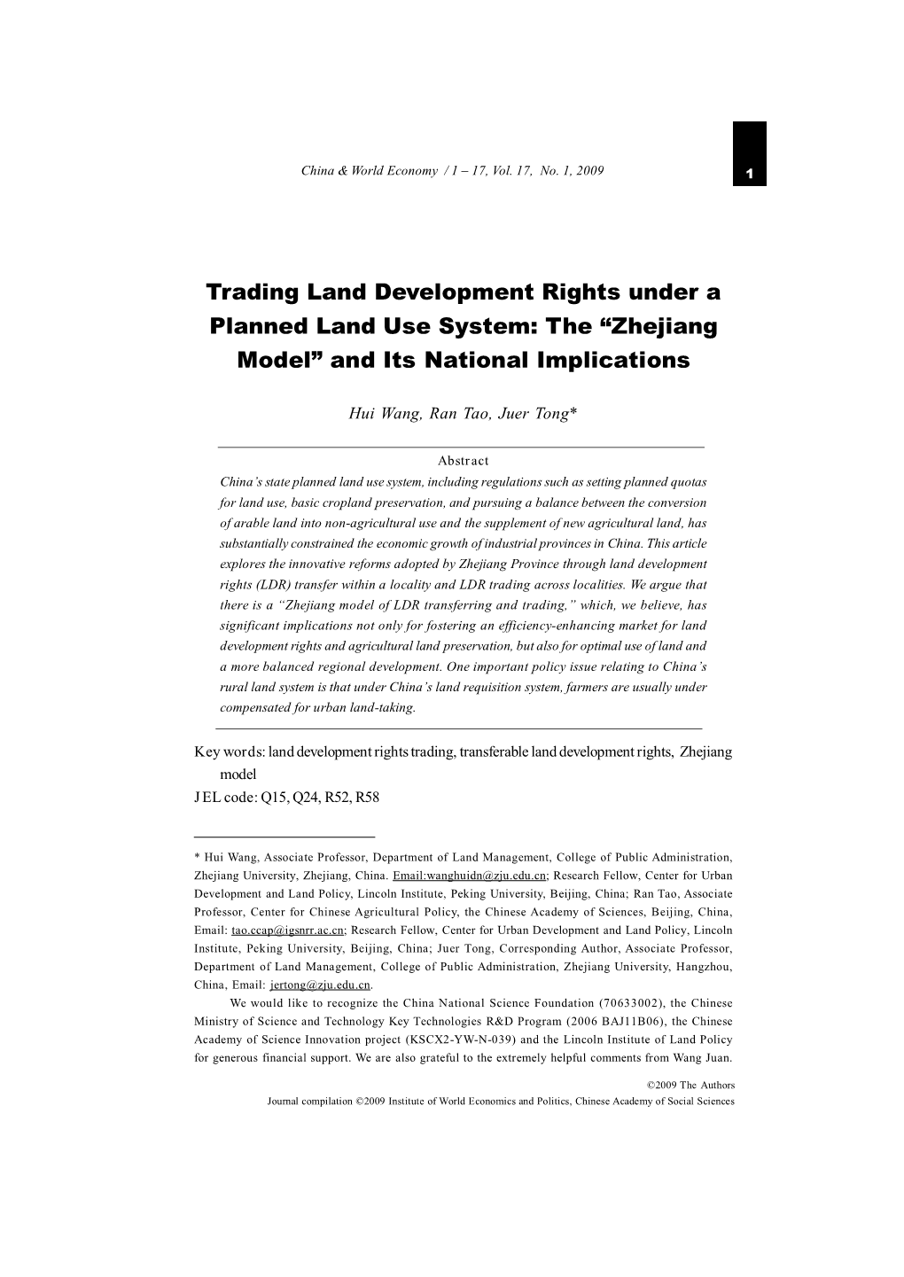 Trading Land Development Rights Under a Planned Land Use System: the “Zhejiang Model” and Its National Implications