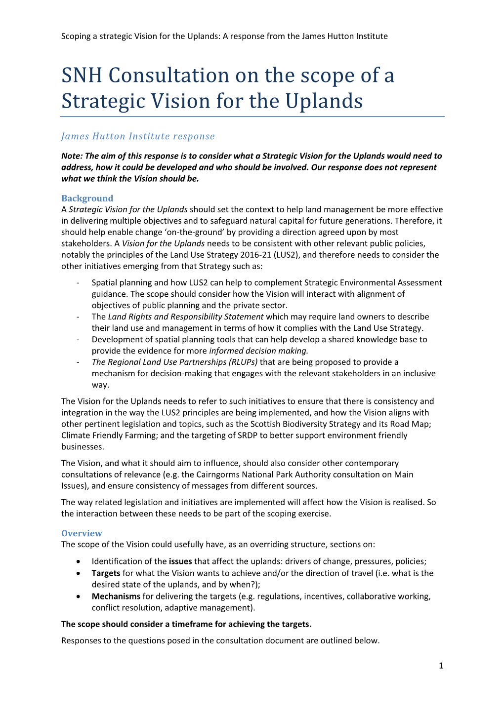 SNH Consultation on the Scope of a Strategic Vision for the Uplands