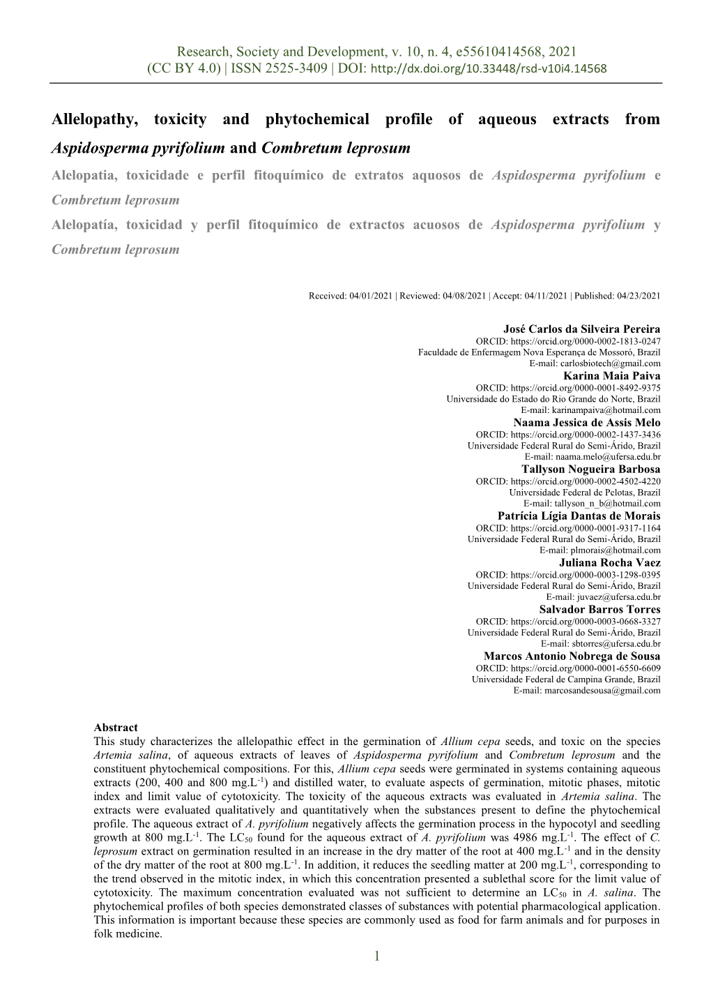 Allelopathy, Toxicity and Phytochemical Profile of Aqueous