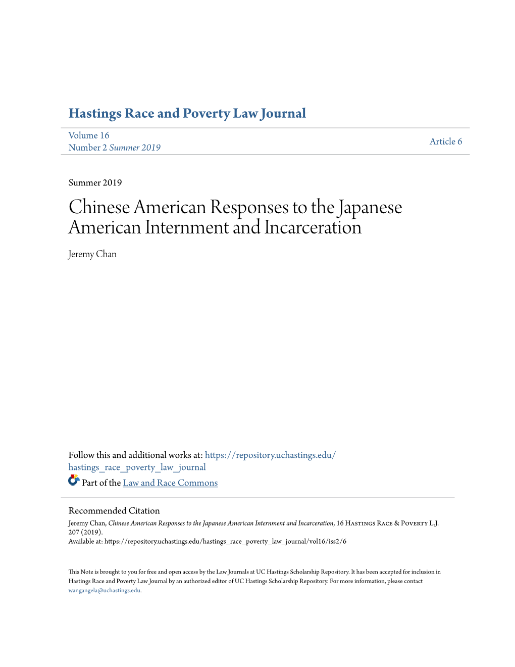 Chinese American Responses to the Japanese American Internment and Incarceration Jeremy Chan