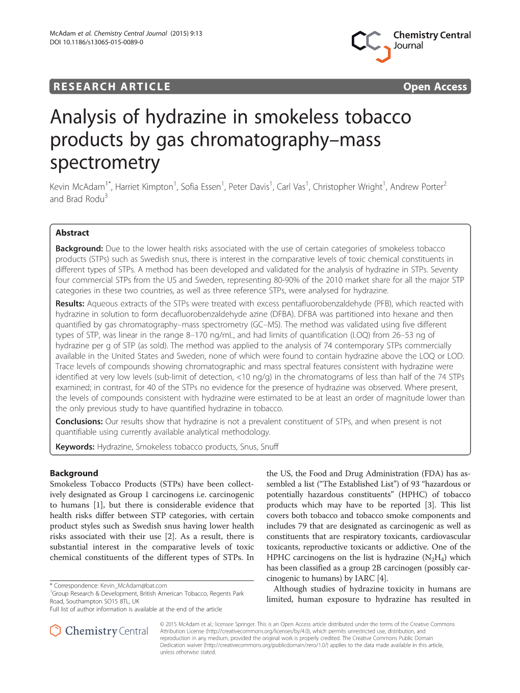 Analysis of Hydrazine in Smokeless Tobacco Products