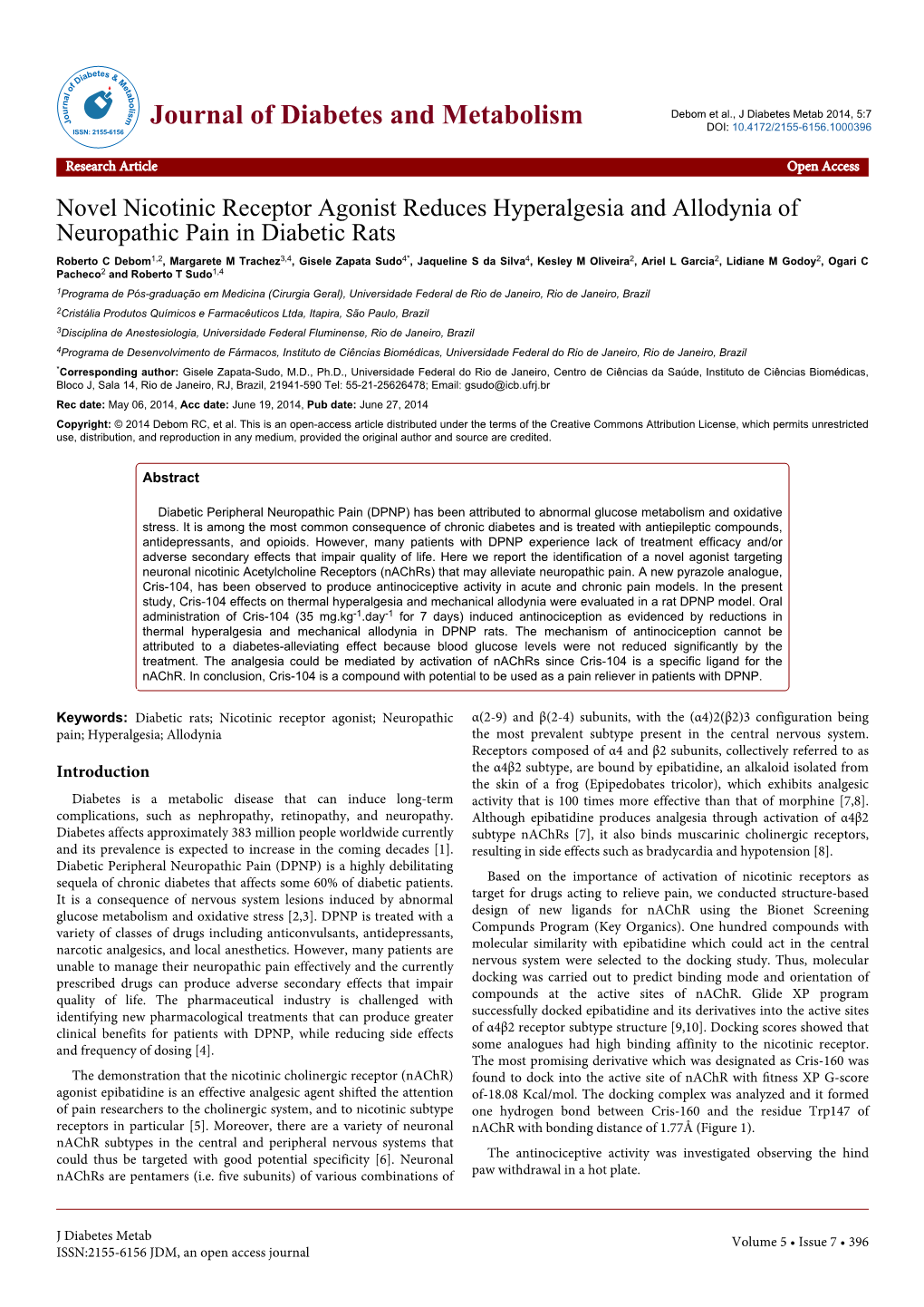 Novel Nicotinic Receptor Agonist Reduces Hyperalgesia And