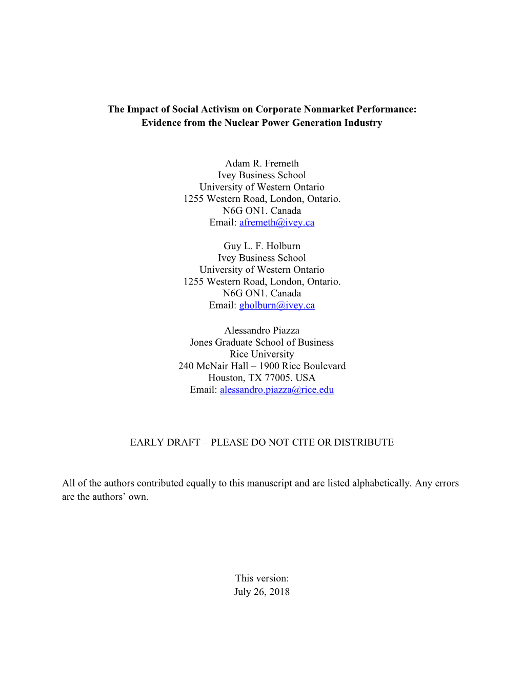 The Impact of Social Activism on Corporate Nonmarket Performance: Evidence from the Nuclear Power Generation Industry