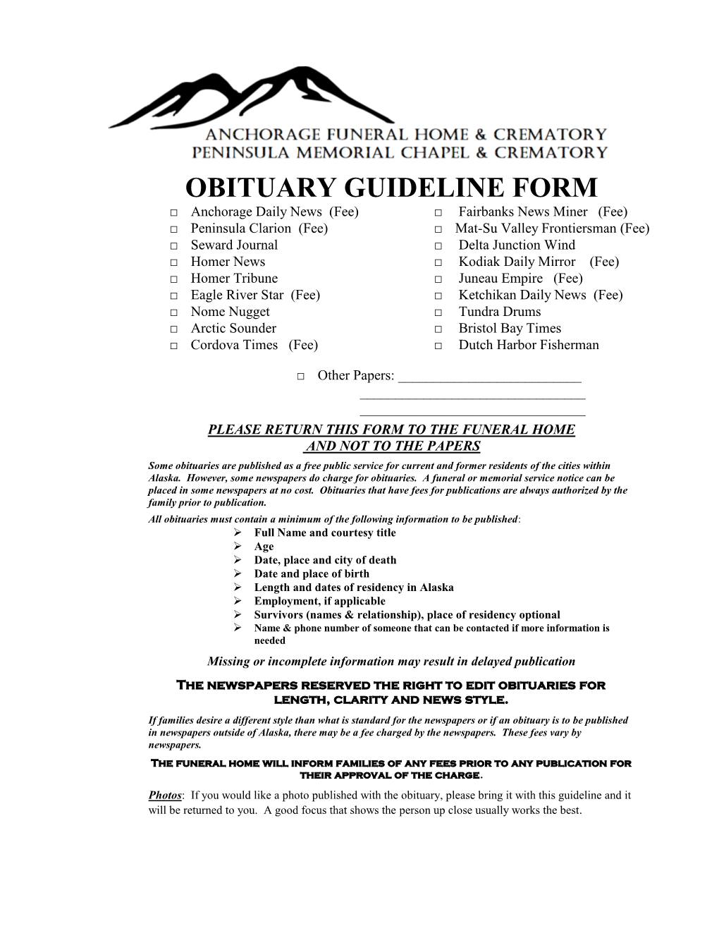 Obituary Guideline Form