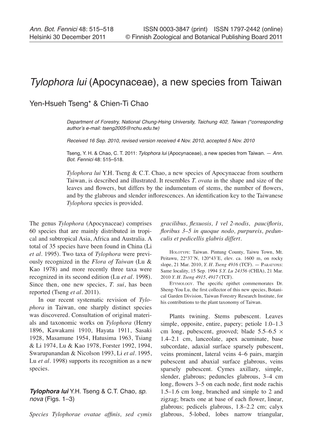 Tylophora Lui (Apocynaceae), a New Species from Taiwan