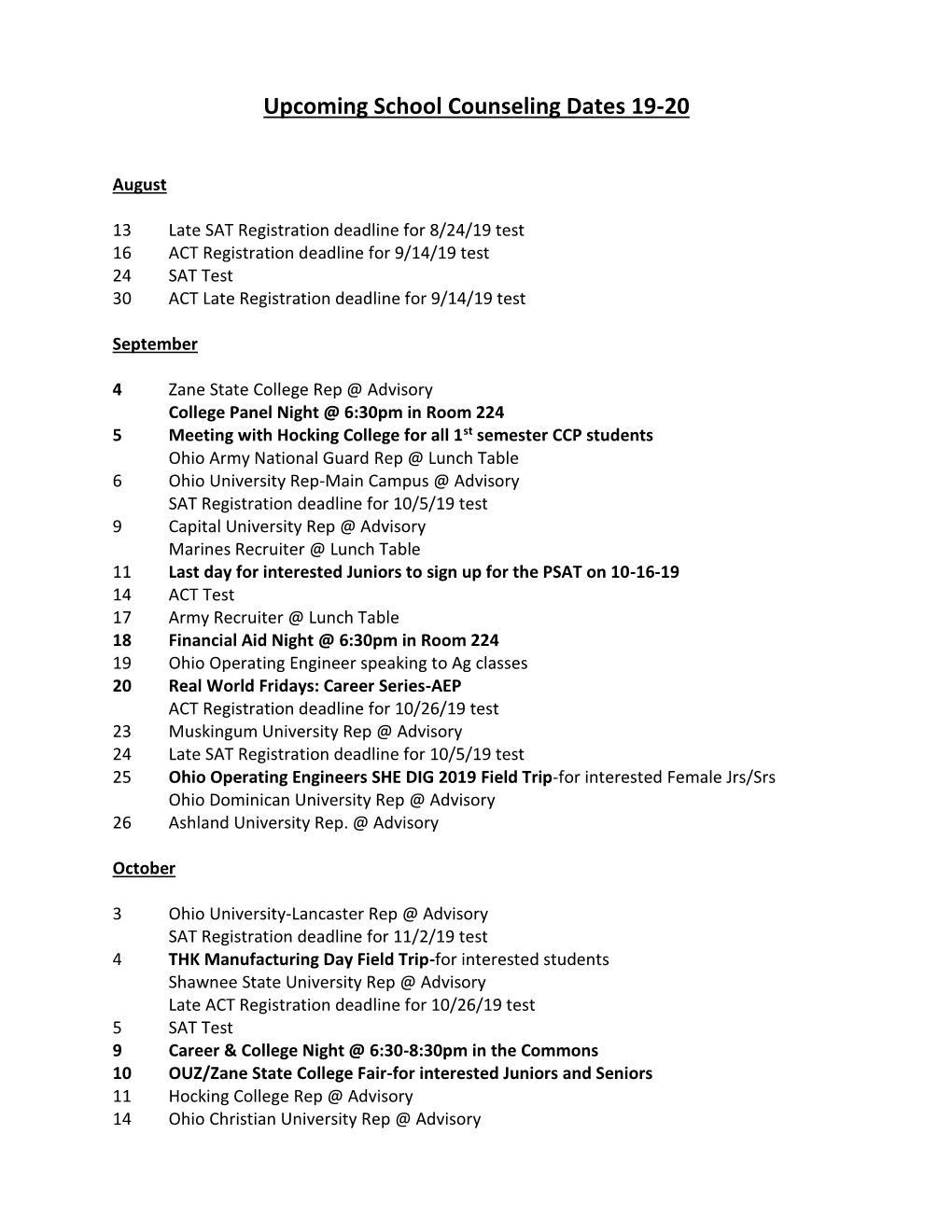 Upcoming School Counseling Dates 19-20