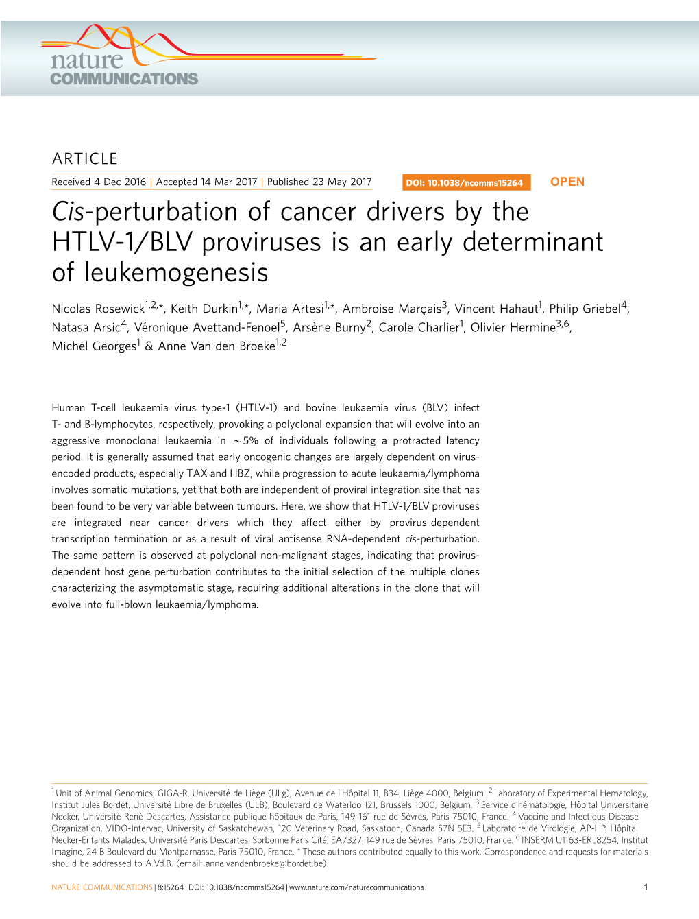 Cis-Perturbation of Cancer Drivers by the HTLV-1/BLV Proviruses Is an Early Determinant of Leukemogenesis