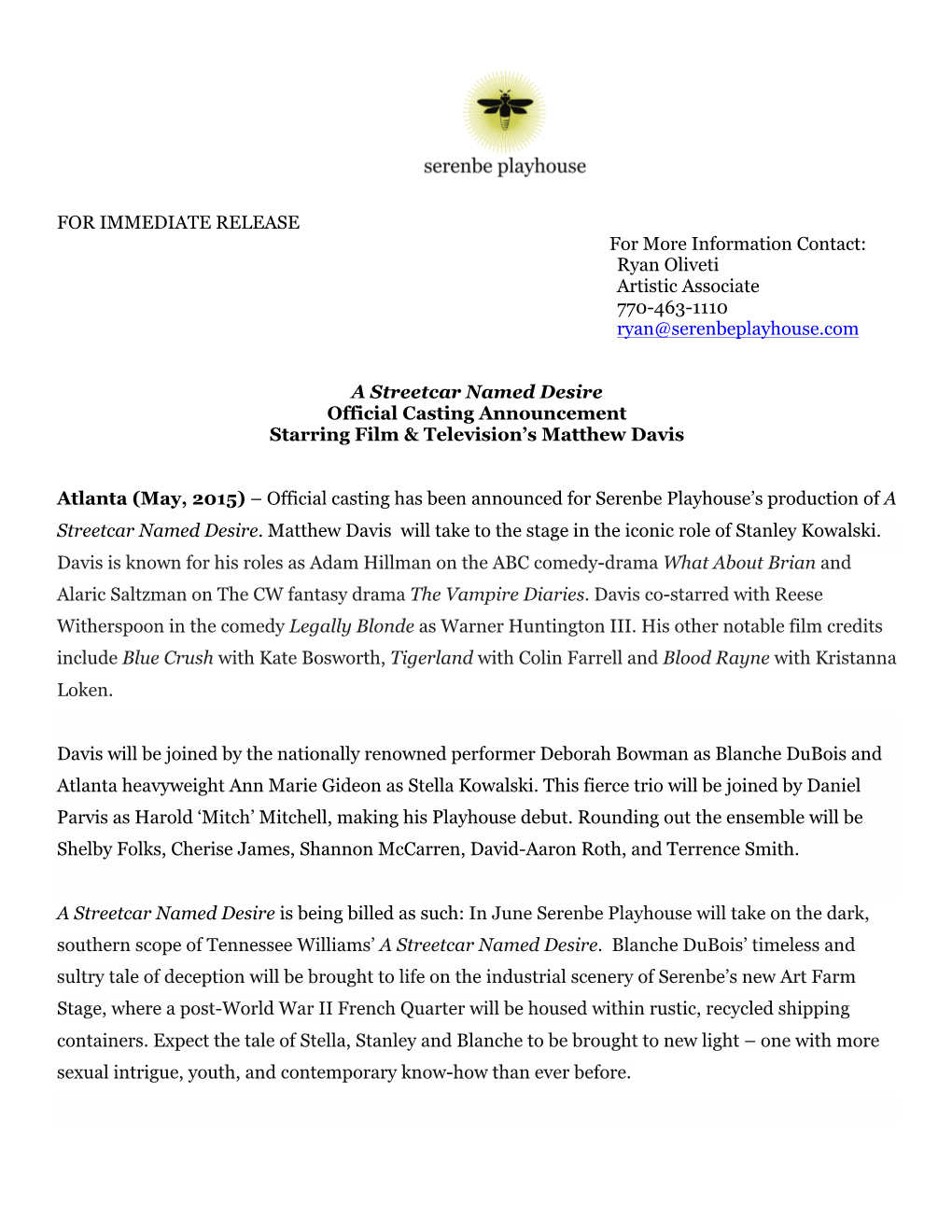 A Streetcar Named Desire Official Casting Announcement Starring Film & Television’S Matthew Davis