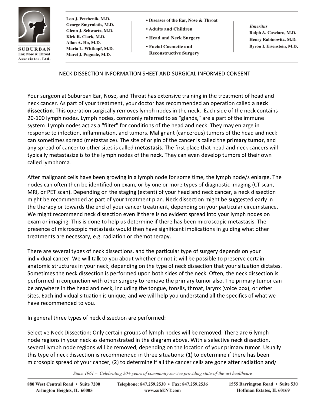 NECK DISSECTION INFORMATION SHEET and SURGICAL INFORMED CONSENT Your Surgeon at Suburban Ear, Nose, and Throat Has Extensive T