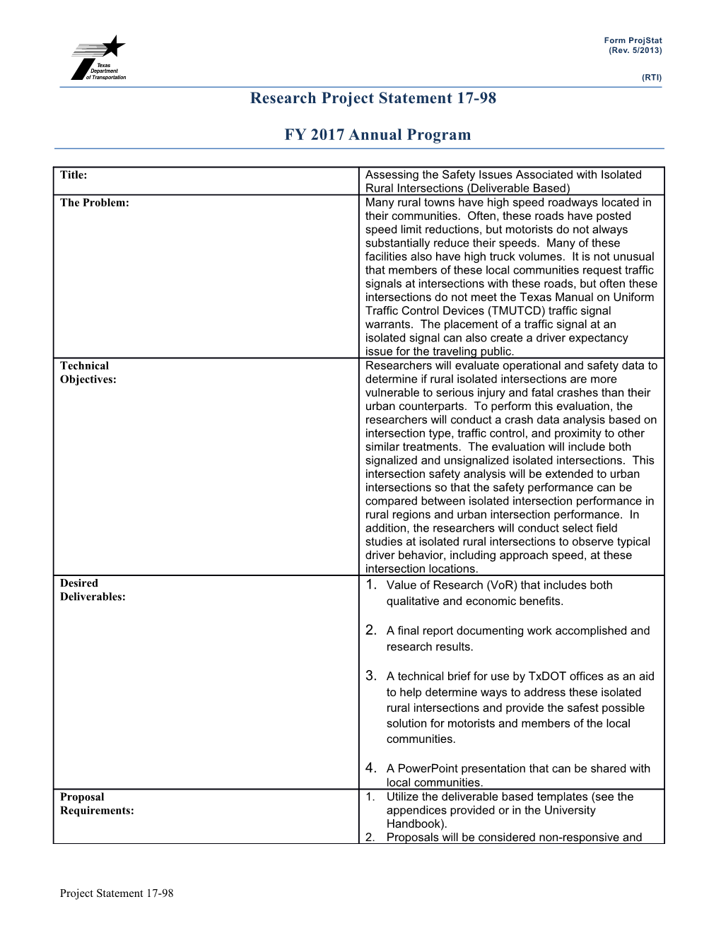 Project Statement 17-98