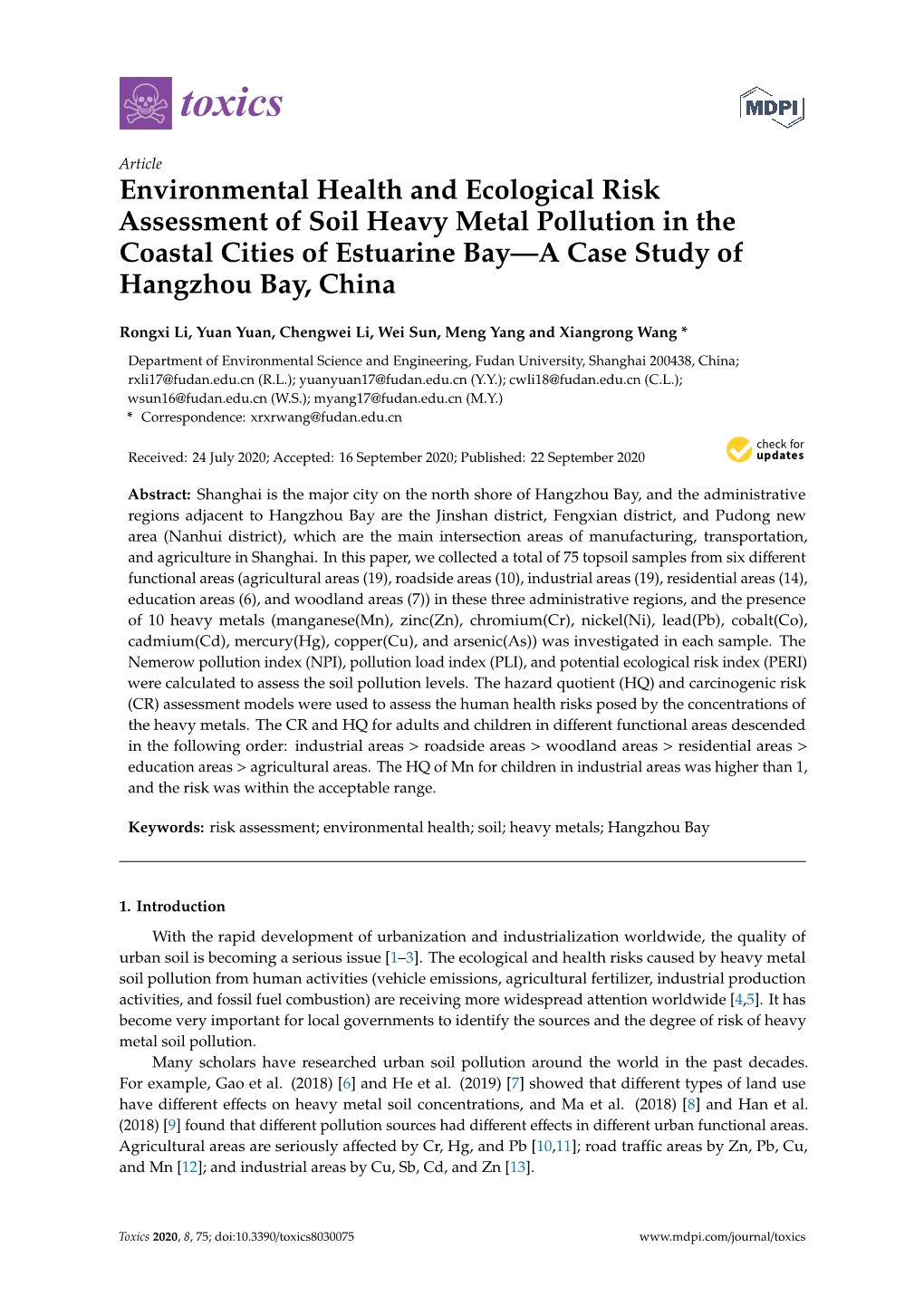 Environmental Health and Ecological Risk Assessment of Soil Heavy Metal Pollution in the Coastal Cities of Estuarine Bay—A Case Study of Hangzhou Bay, China