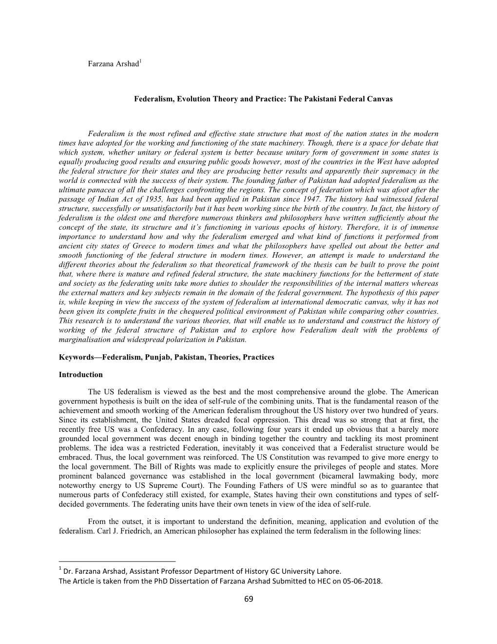 Farzana Arshad1 Federalism, Evolution Theory and Practice