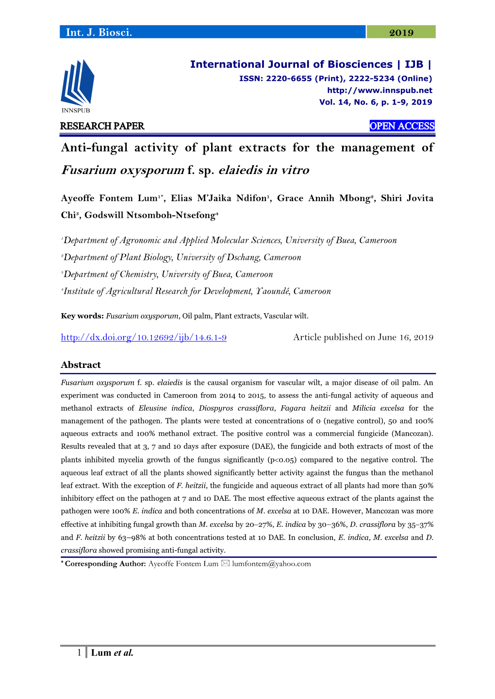 Anti-Fungal Activity of Plant Extracts for the Management of Fusarium Oxysporum F