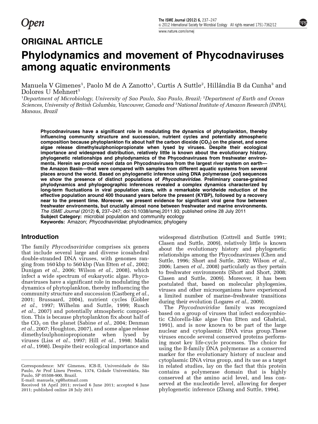 Phylodynamics and Movement of Phycodnaviruses Among Aquatic Environments