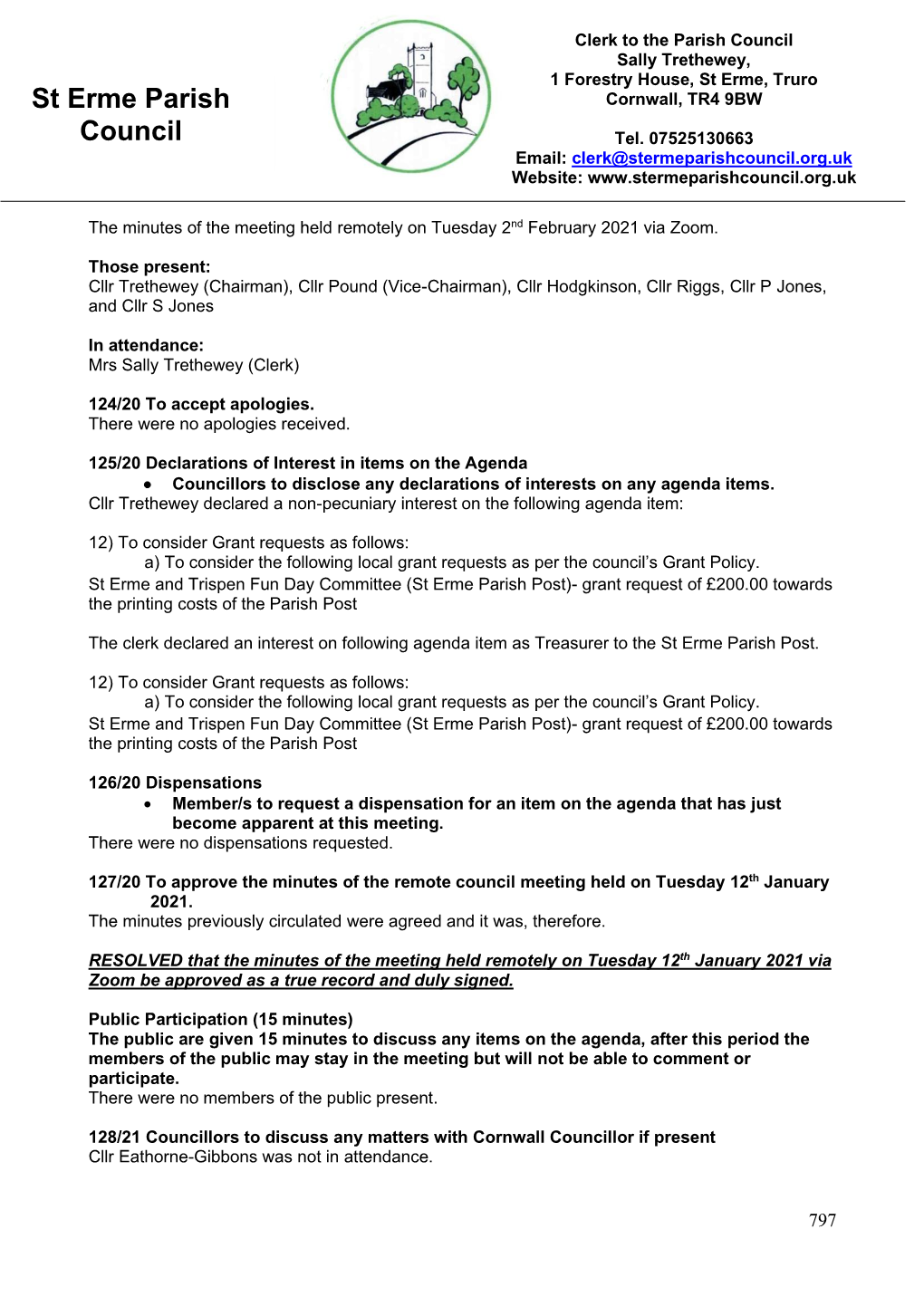 Minutes of the Meeting Held Remotely on Tuesday 2Nd February 2021 Via Zoom