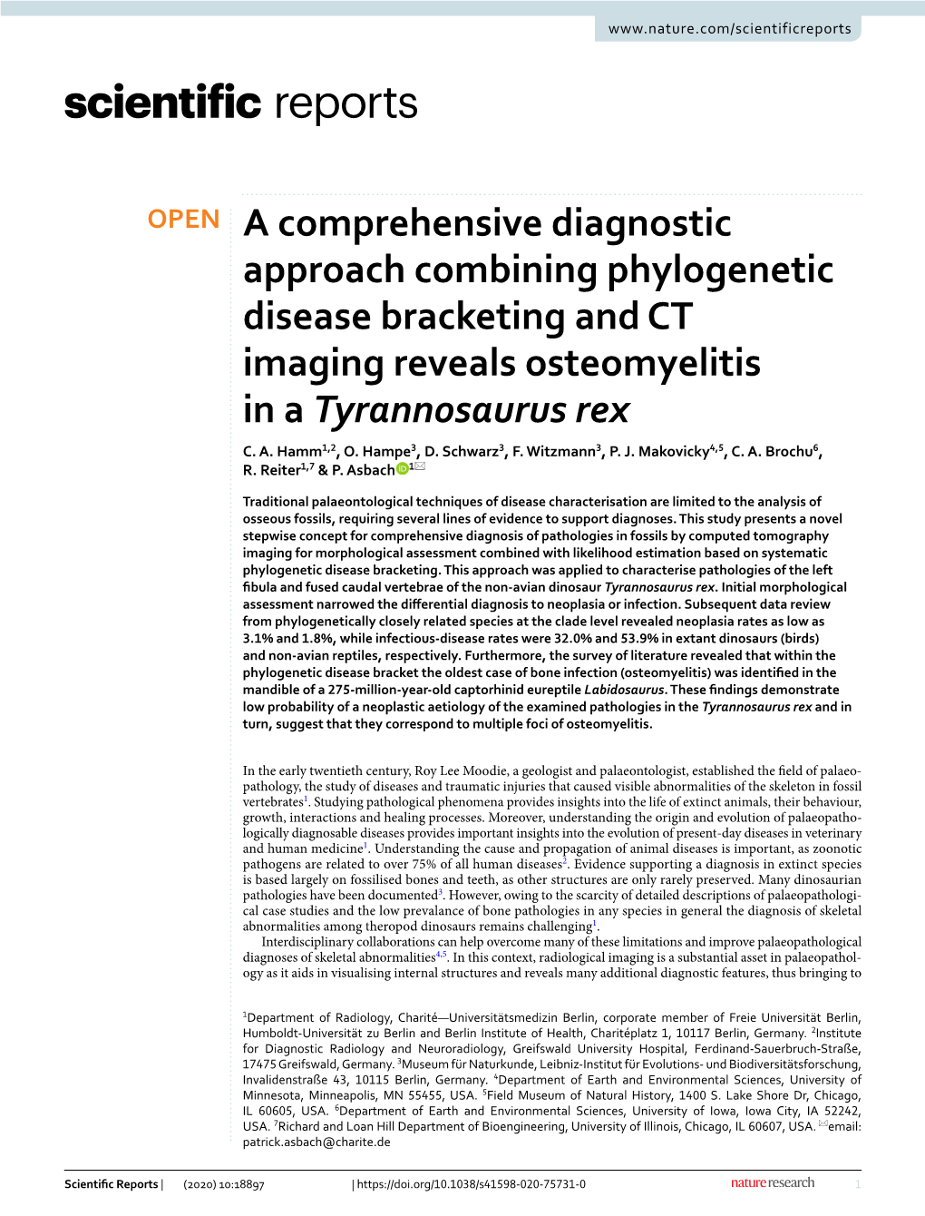 A Comprehensive Diagnostic Approach Combining Phylogenetic Disease Bracketing and CT Imaging Reveals Osteomyelitis in a Tyrannosaurus Rex C