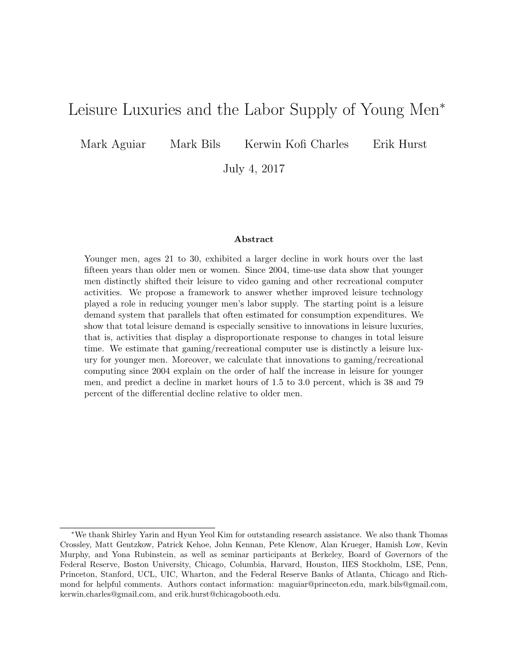 Leisure Luxuries and the Labor Supply of Young Men∗