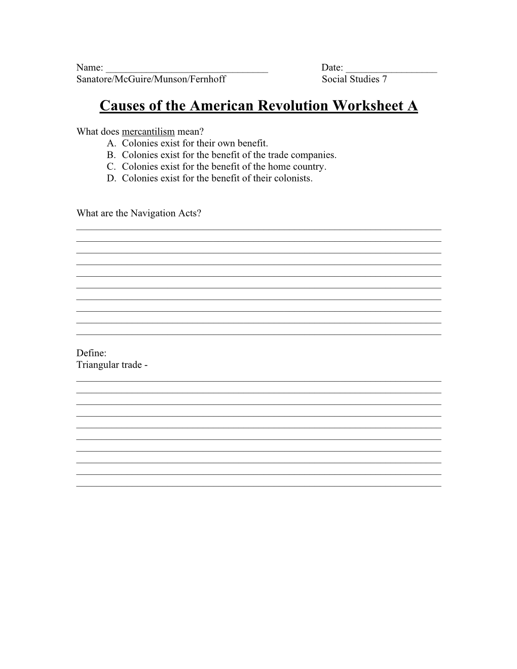 Causes of the American Revolution Worksheet A