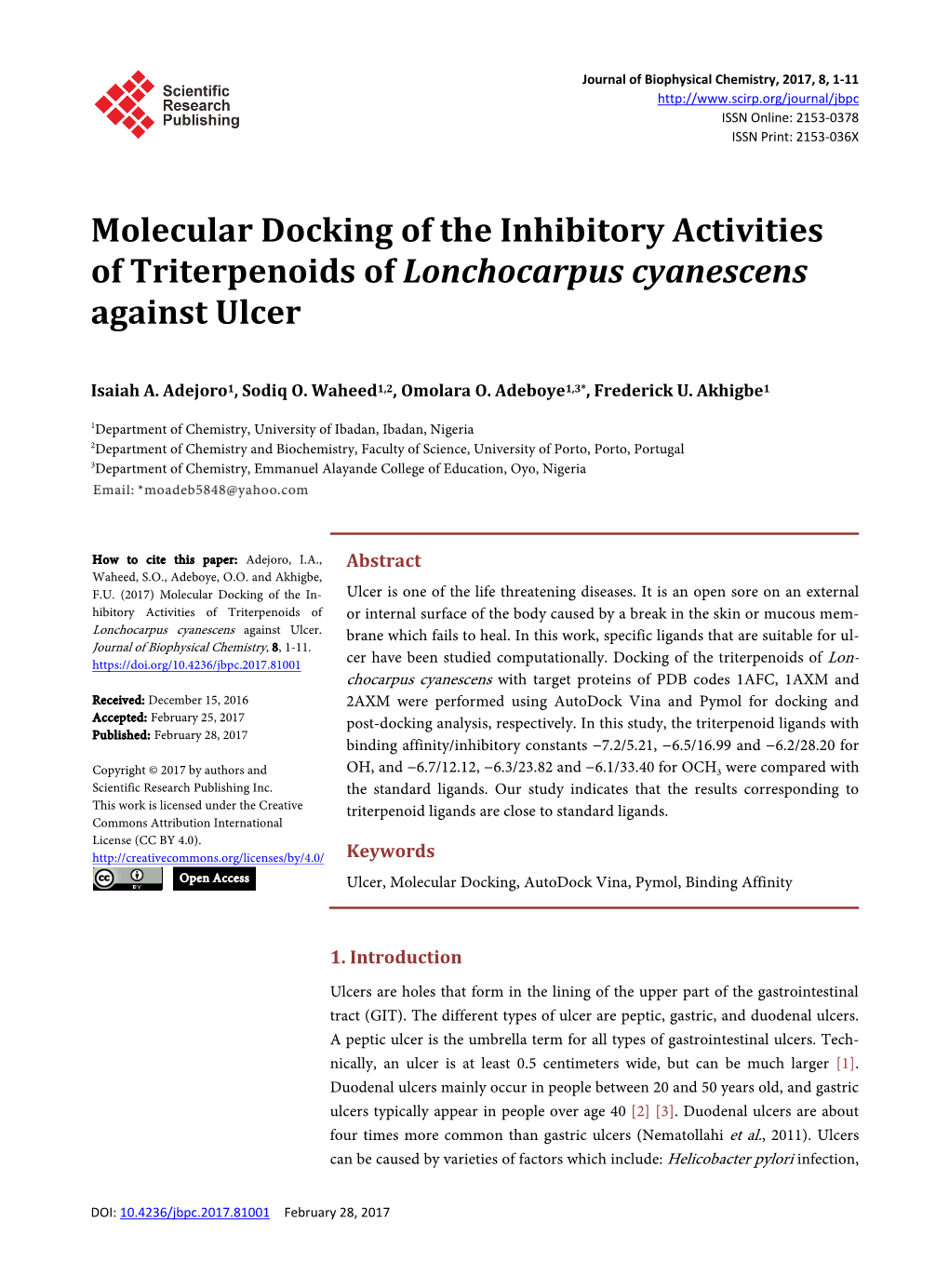 Molecular Docking of the Inhibitory Activities of Triterpenoids of Lonchocarpus Cyanescens Against Ulcer