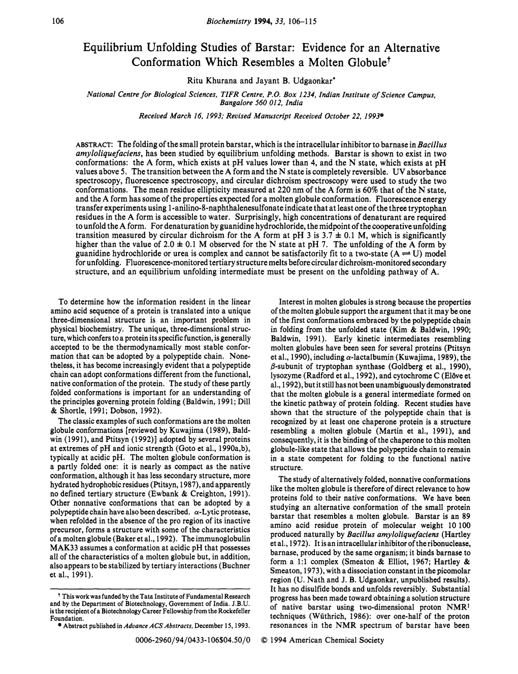 Equilibrium Unfolding Studies of Barstar: Evidence for an Alternative Conformation Which Resembles a Molten Globule7 Ritu Khurana and Jayant B