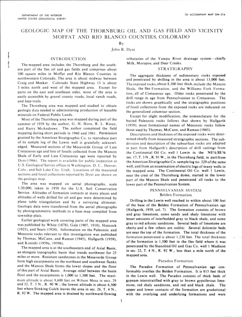 GEOLOGIC MAP of the THORNBURG OIL and GAS FIELD and VICINITY MOFFAT and RIO BLANCO COUNTIES, COLORADO by John R