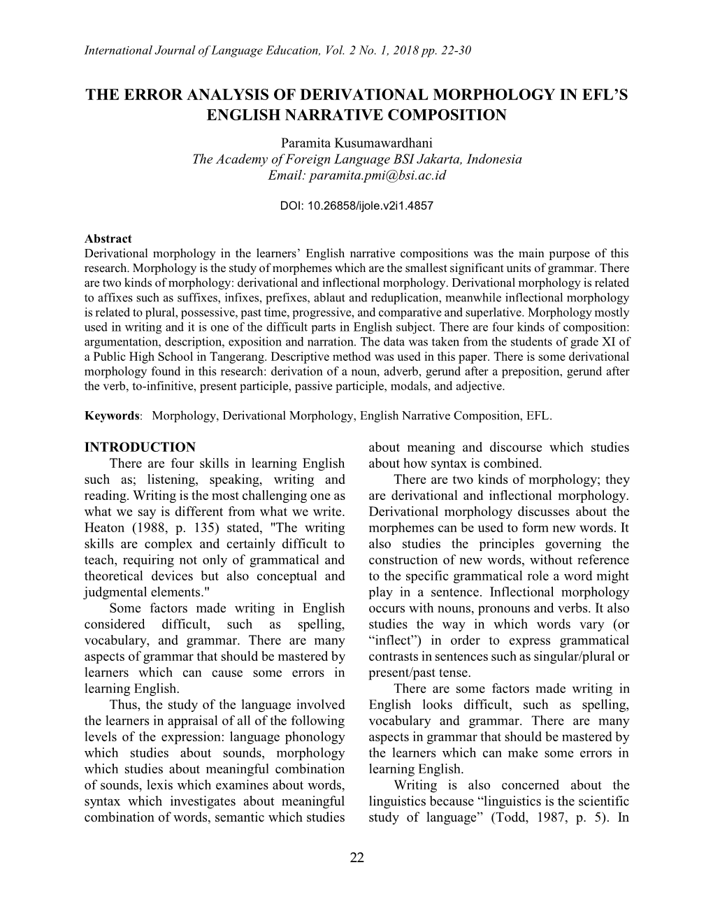 The Error Analysis of Derivational Morphology in Efl's English Narrative Composition