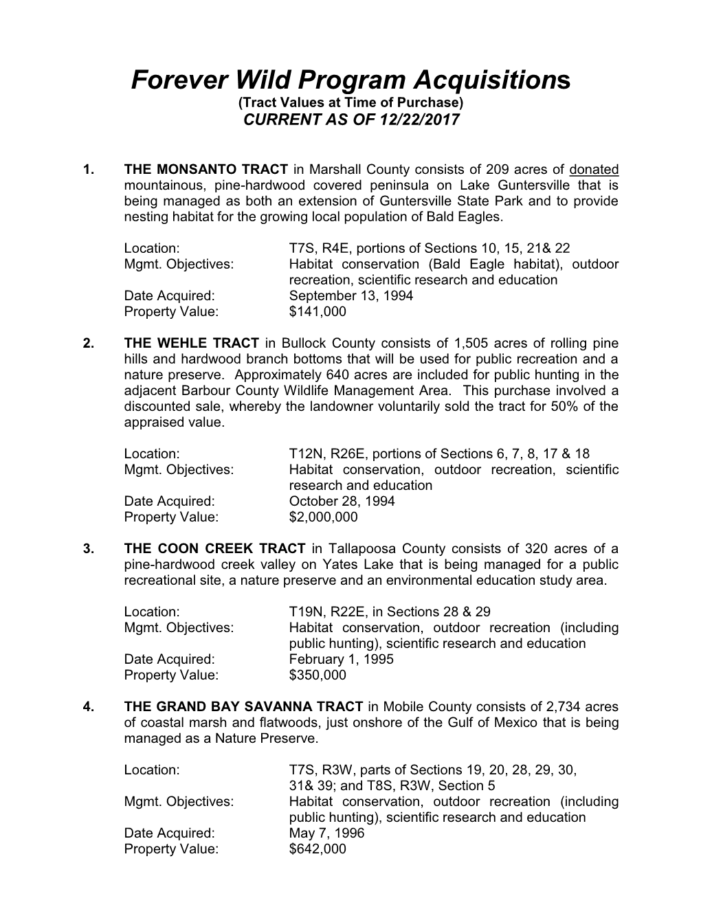 Forever Wild Program Acquisitions (Tract Values at Time of Purchase) CURRENT AS of 12/22/2017