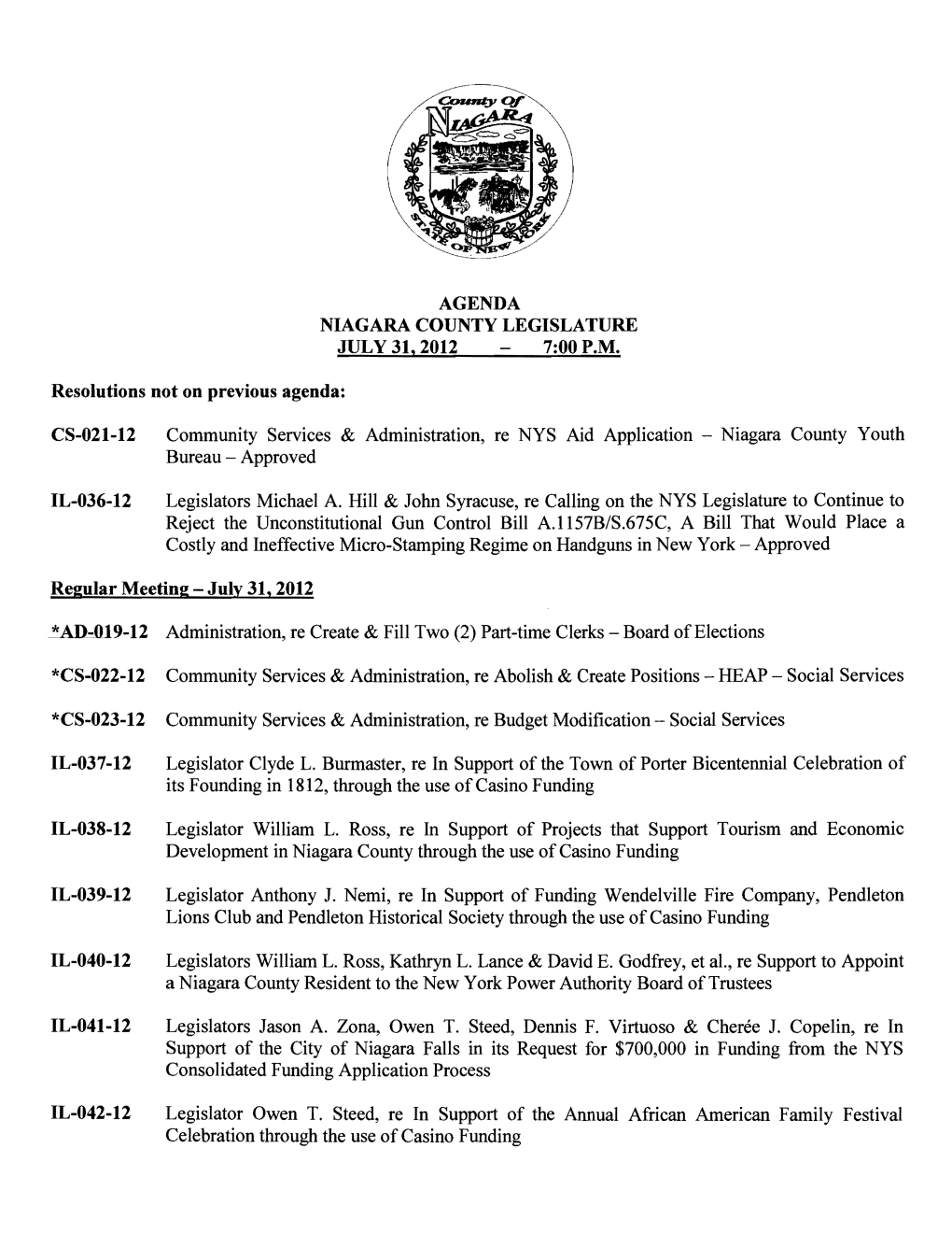 Agenda Niagara County Legislature July 31, 2012 7:00 P.M