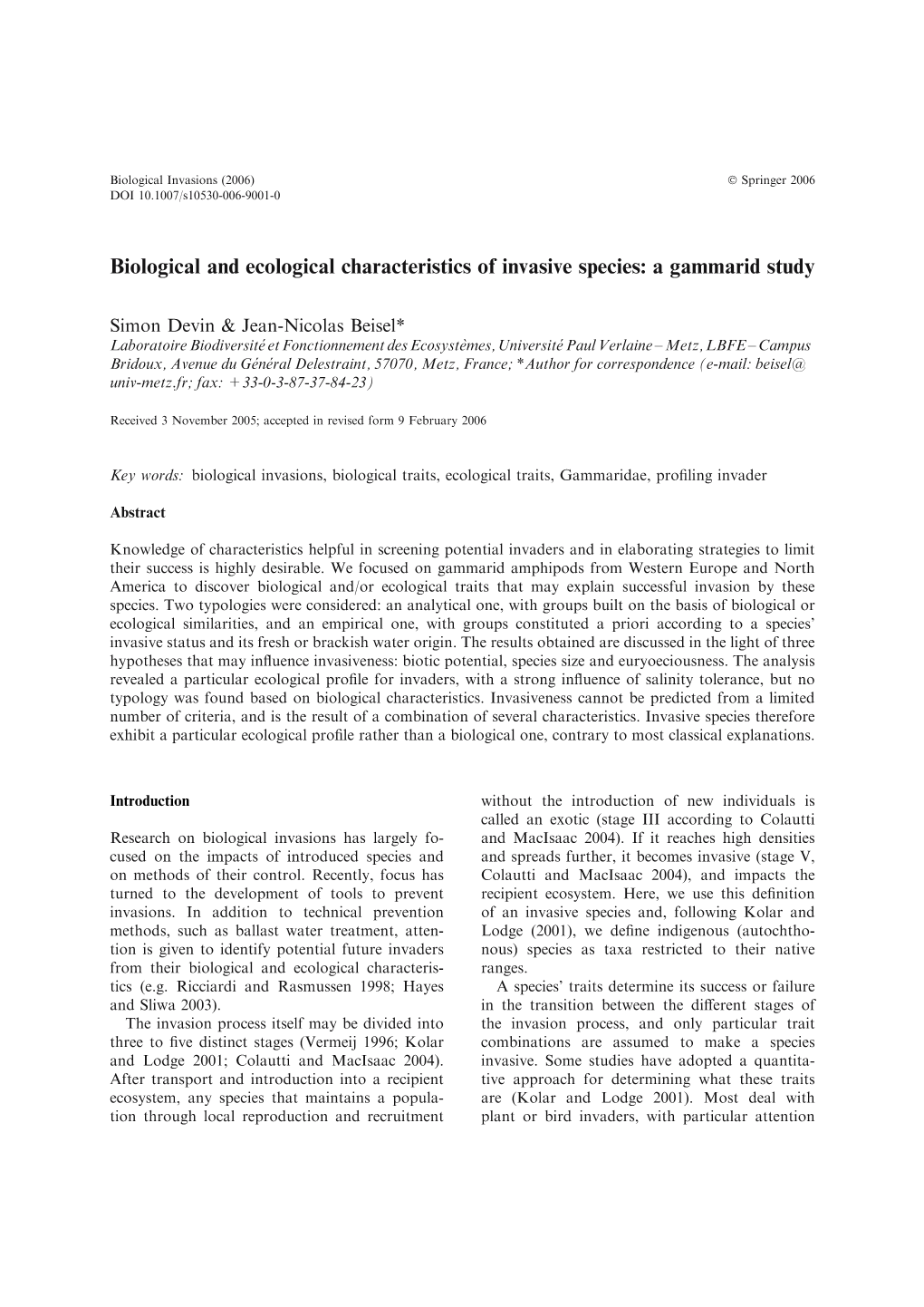 Biological and Ecological Characteristics of Invasive Species: a Gammarid Study