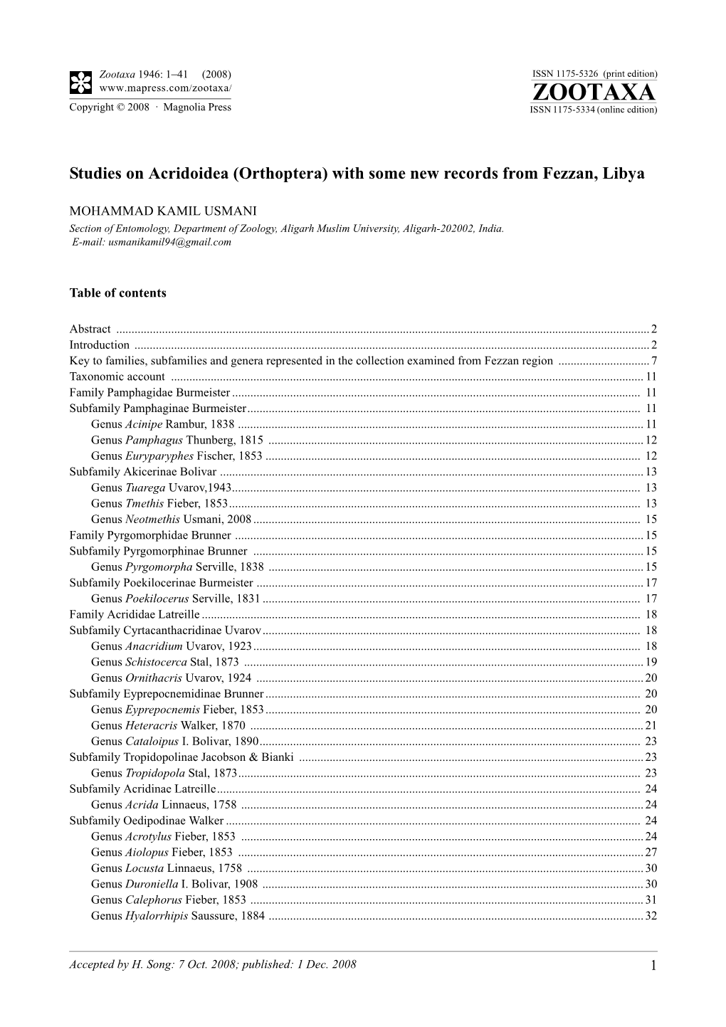 Zootaxa, Studies on Acridoidea