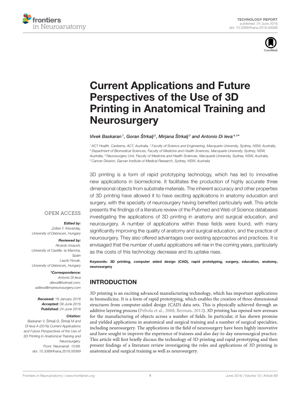 Current Applications and Future Perspectives of the Use of 3D Printing in Anatomical Training and Neurosurgery