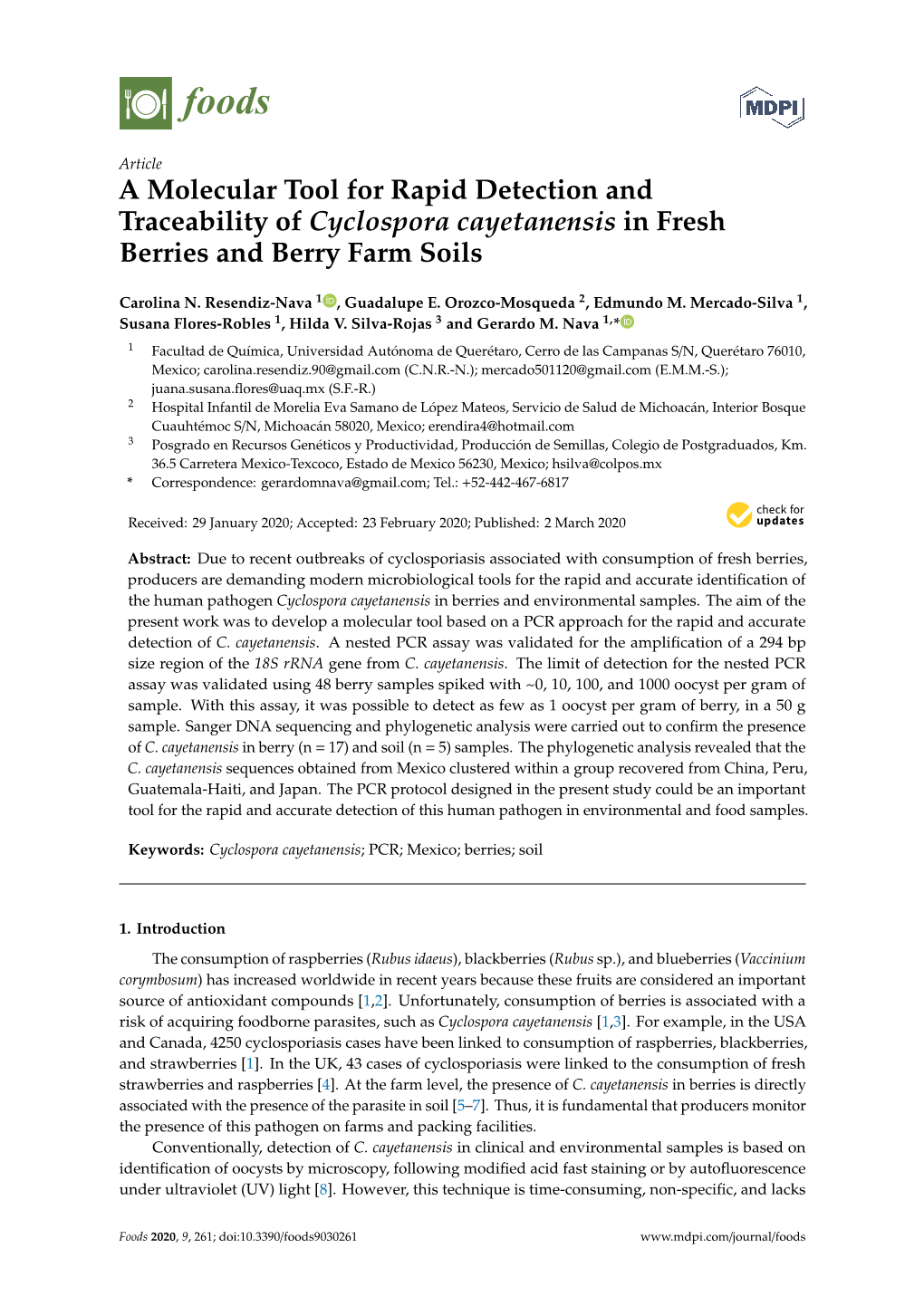A Molecular Tool for Rapid Detection and Traceability of Cyclospora Cayetanensis in Fresh Berries and Berry Farm Soils