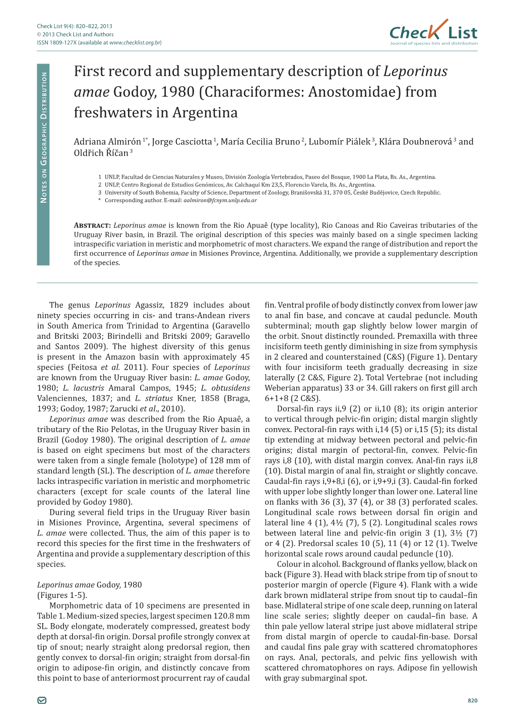 Leporinus Amae Godoy, 1980 (Characiformes: Anostomidae) From