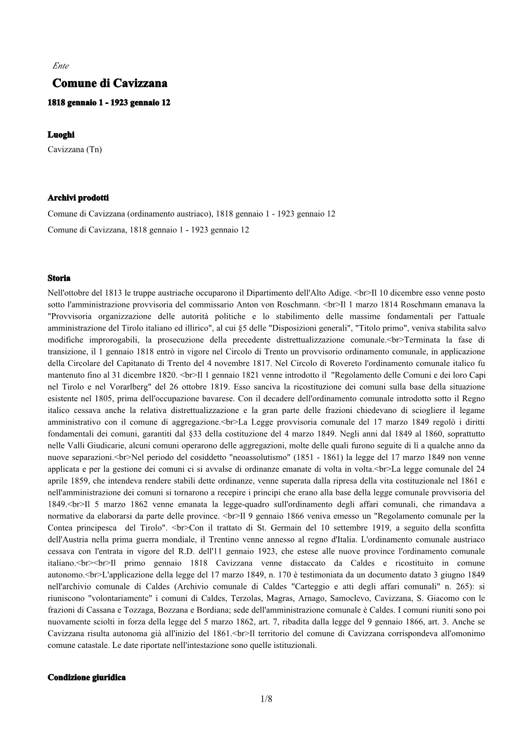 Comune Di Cavizzana 1818 Gennaio 1 - 1923 Gennaio 12