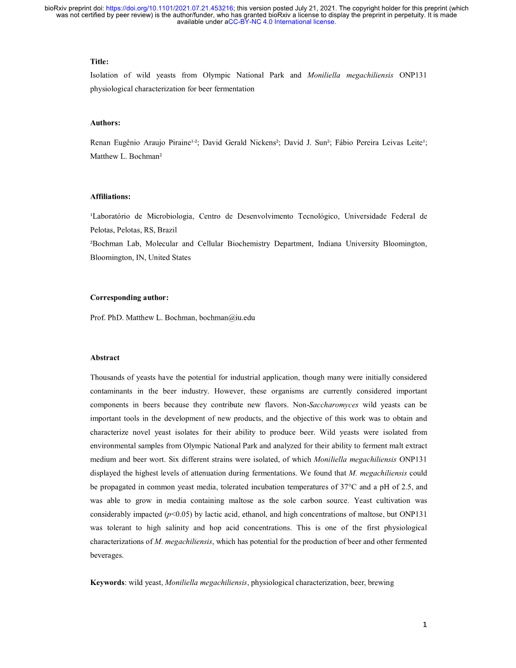 Isolation of Wild Yeasts from Olympic National Park and Moniliella Megachiliensis ONP131 Physiological Characterization for Beer Fermentation