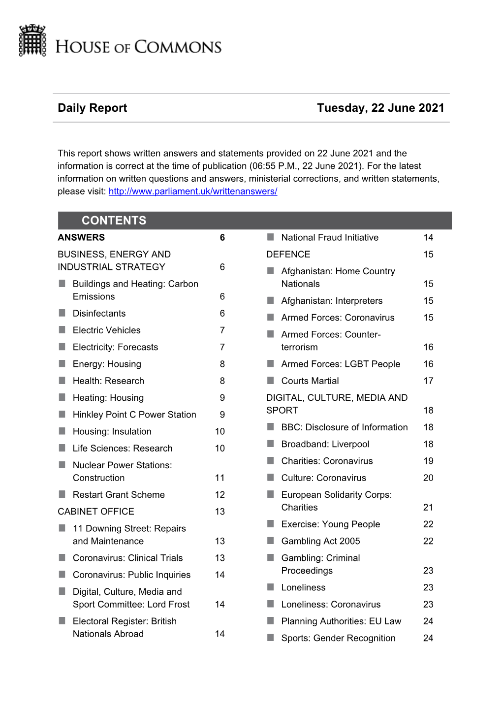 Daily Report Tuesday, 22 June 2021 CONTENTS