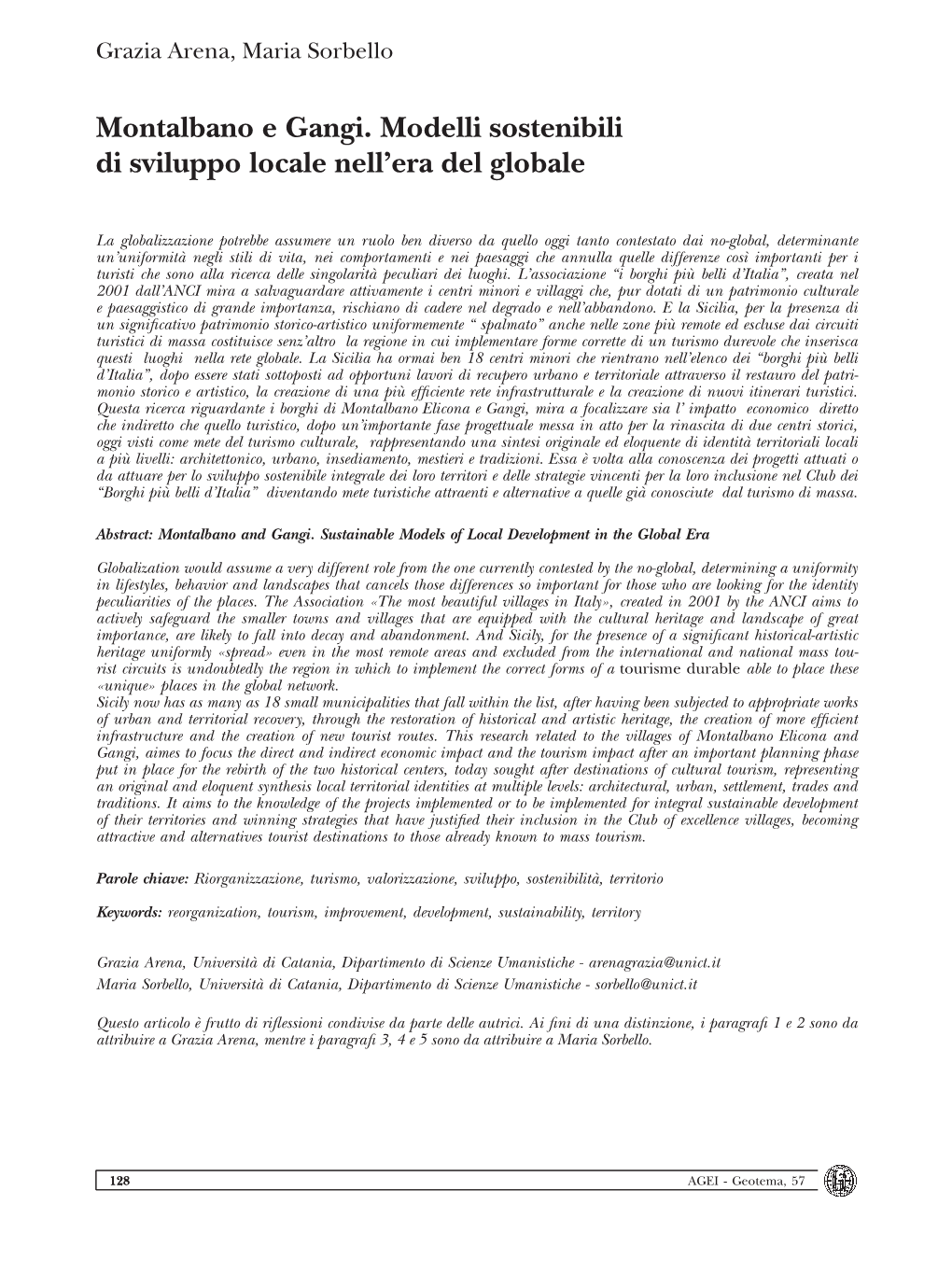 Montalbano E Gangi. Modelli Sostenibili Di Sviluppo Locale Nell’Era Del Globale