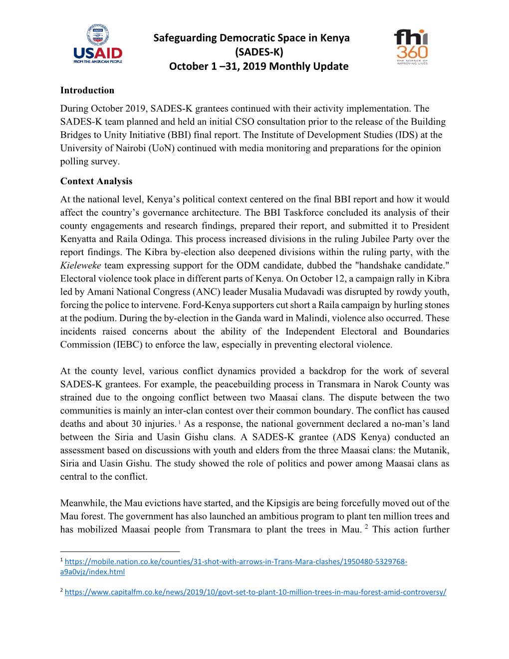 Safeguarding Democratic Space in Kenya (SADES-K) October 1 –31, 2019 Monthly Update