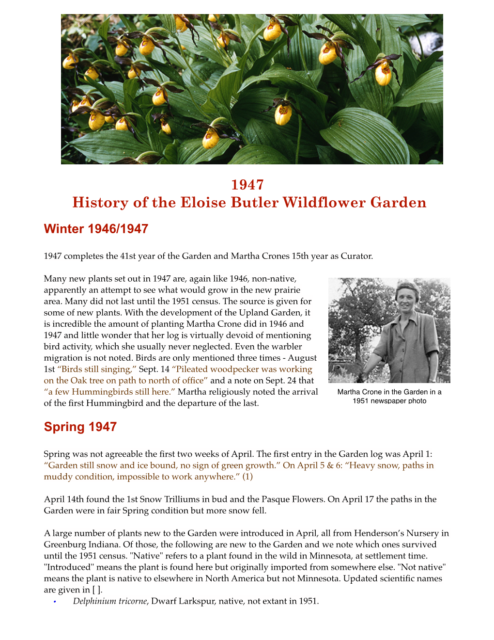 1947 History of the Eloise Butler Wildflower Garden Winter 1946/1947