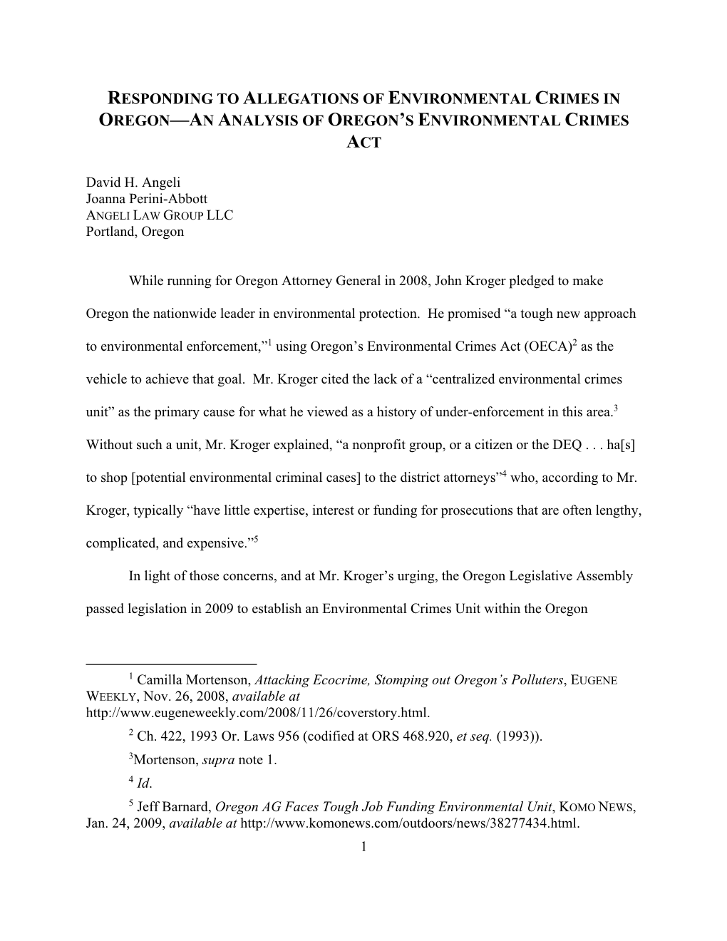 Responding to Allegations of Environmental Crimes in Oregon—An Analysis of Oregon’S Environmental Crimes Act