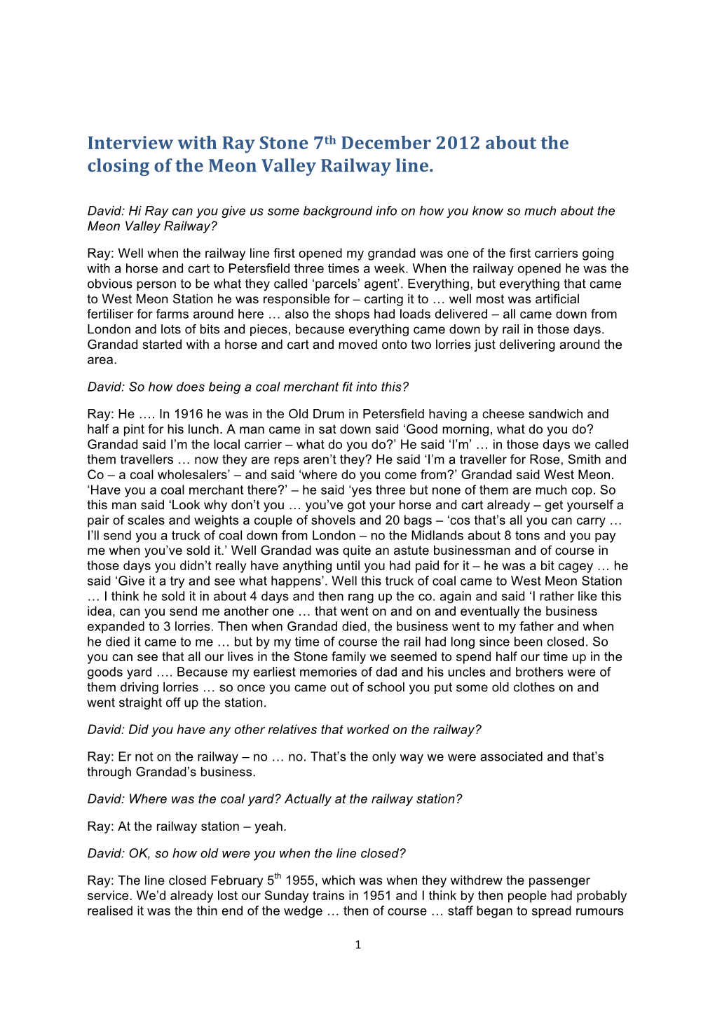 Interview with Ray Stone 7Th December 2012 About the Closing of the Meon Valley Railway Line