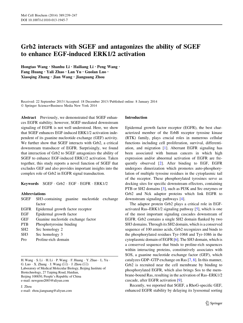 Grb2 Interacts with SGEF and Antagonizes the Ability of SGEF to Enhance EGF-Induced ERK1/2 Activation