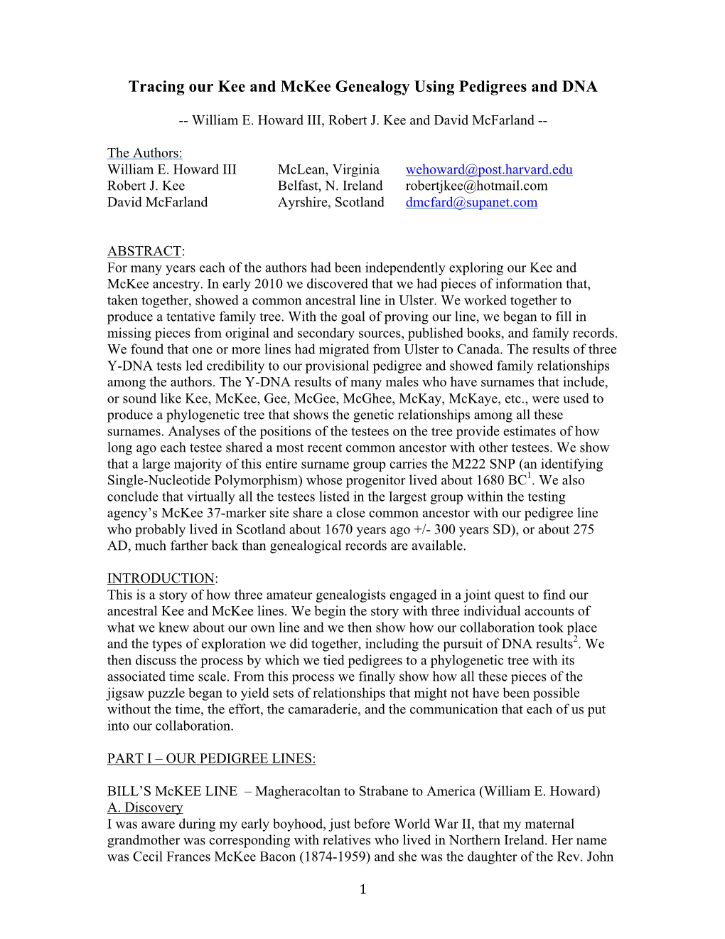 Tracing Our Kee and Mckee Genealogy Using Pedigrees and DNA