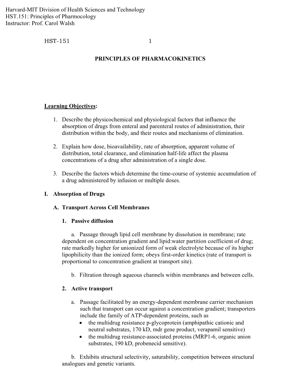 HST-151 1 PRINCIPLES of PHARMACOKINETICS Learning